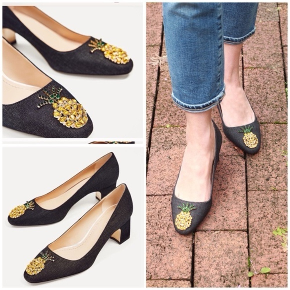 Zara Crystal rhinestone pineapple black denim round toe block heel shoes 39